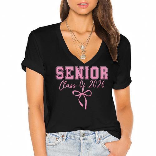 Coquette Senior 2026 Class Of 2026 Pink Bow Graduation 2026 Women's Jersey Short Sleeve Deep V-Neck Tshirt				 - Best Gift Smart