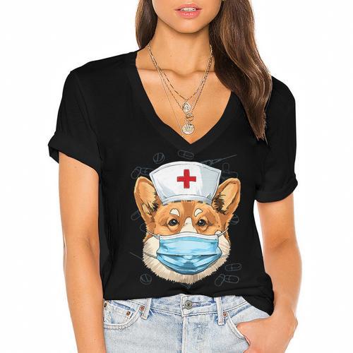 Corgi Dog Nurse RN Nursing School Graduation Women's Jersey Short Sleeve Deep V-Neck Tshirt - Best Gift Smart