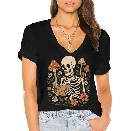Cottagecore Aesthetic Floral Mushroom Skeleton Reading Books Women's Jersey Short Sleeve Deep V-Neck Tshirt				 - Bookorys DE