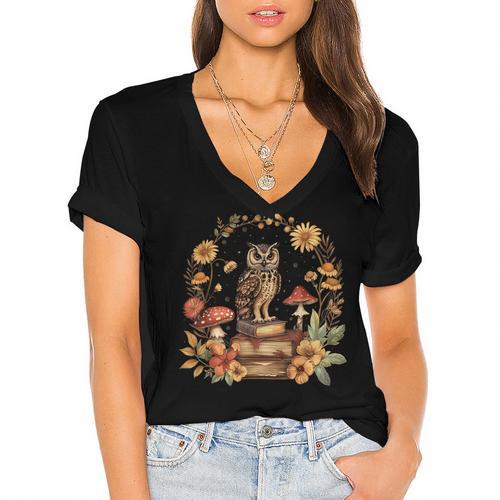 Cottagecore Aesthetic Owl Books Mushroom Witchy Floral Women's Jersey Short Sleeve Deep V-Neck Tshirt				 - Bookorys