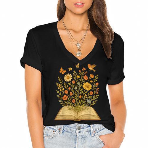 Cottagecore Enchanting Open Vintage Book Wildflowers Bloomin Women's Jersey Short Sleeve Deep V-Neck Tshirt				 - Bookorys DE