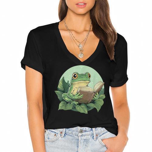 Cottagecore Frog Reading a Book Women's Jersey Short Sleeve Deep V-Neck Tshirt				 - Bookorys