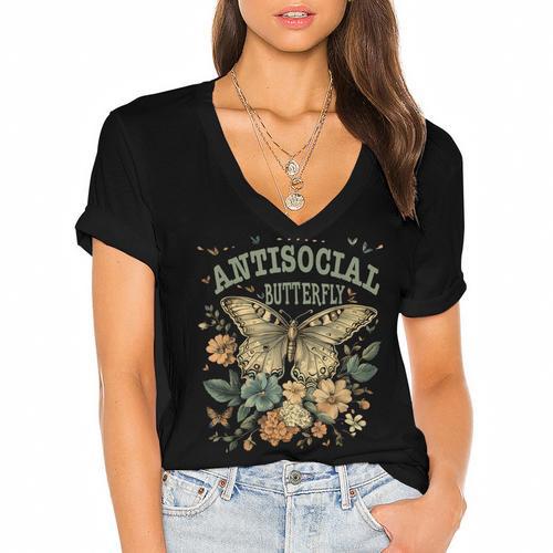 Cottagecore Introvert Humor Vintage Antisocial Butterfly Women's Jersey Short Sleeve Deep V-Neck Tshirt				 - Raresse