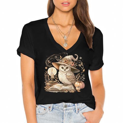 Cottagecore Owl Witch On Book Pumpkin Halloween Women's Jersey Short Sleeve Deep V-Neck Tshirt - Bookorys CA