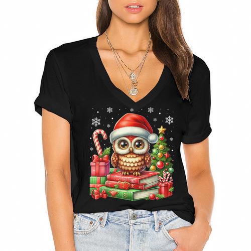 Cottagecore Owl Witch Hat On Book Pumpkin Christmas Costume Women's Jersey Short Sleeve Deep V-Neck Tshirt - Bookorys AU