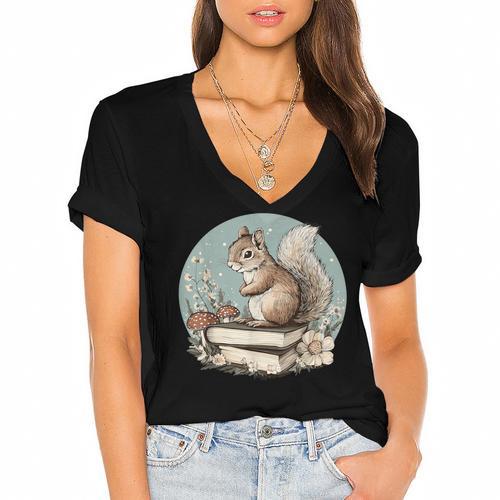 Cottagecore Squirrel With Books Women's Jersey Short Sleeve Deep V-Neck Tshirt - Bookorys AU