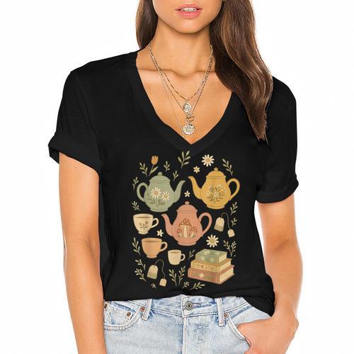 Cottagecore Whimsical Elements Teapots Books Women's Jersey Short Sleeve Deep V-Neck Tshirt				 - Bookorys UK