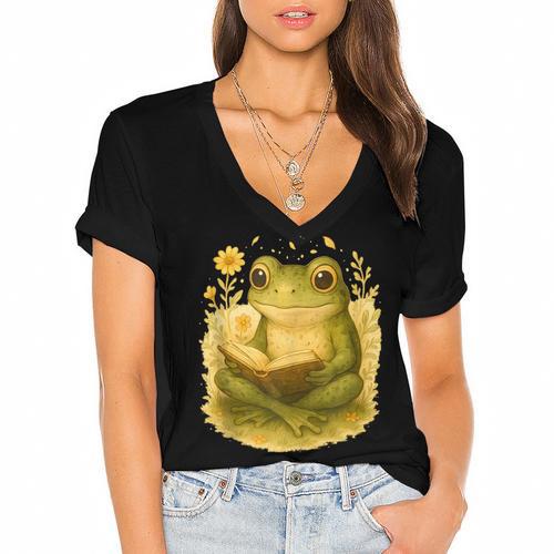 Cottagecore Whimsical Green Frog Peacefully Reading Book Women's Jersey Short Sleeve Deep V-Neck Tshirt - Bookorys