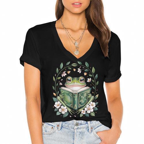 Cottagecore Whimsical Green Frog Read A Book Nature Flowers Women's Jersey Short Sleeve Deep V-Neck Tshirt - Bookorys DE