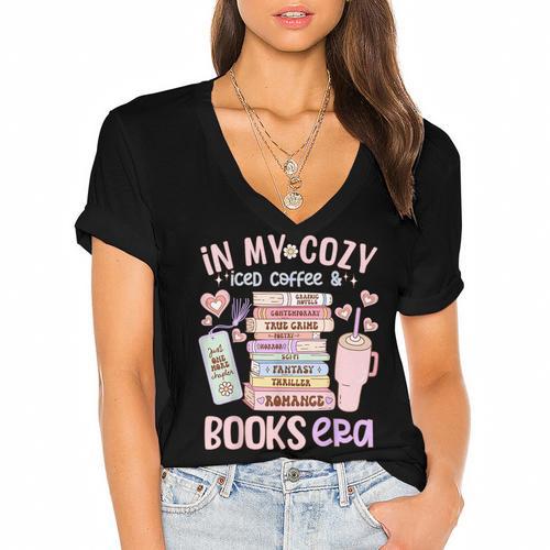 In My Cozy Iced Coffee And Books Era Women's Jersey Short Sleeve Deep V-Neck Tshirt - Bookorys AU
