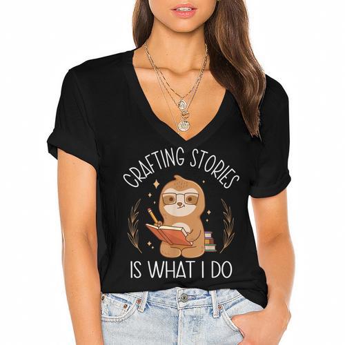 Crafting Stories Is What I Do Reading Writing Book Author Women's Jersey Short Sleeve Deep V-Neck Tshirt				 - Bookorys