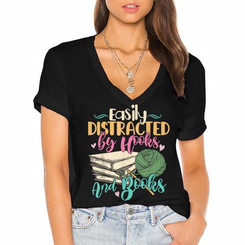 Crochet And Reading Crocheter Bookish Crocheting Book Lover Women's Jersey Short Sleeve Deep V-Neck Tshirt - Bookorys