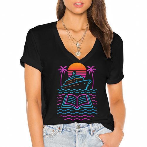 Cruise Ship Vacations Reading Book Lovers Sunset Women's Jersey Short Sleeve Deep V-Neck Tshirt				 - Bookorys