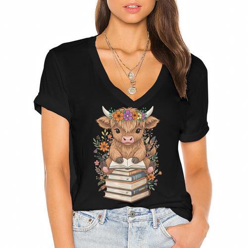 Cute Baby Highland Cow Reading Book Librarian Bookworm Women's Jersey Short Sleeve Deep V-Neck Tshirt				 - Bookorys