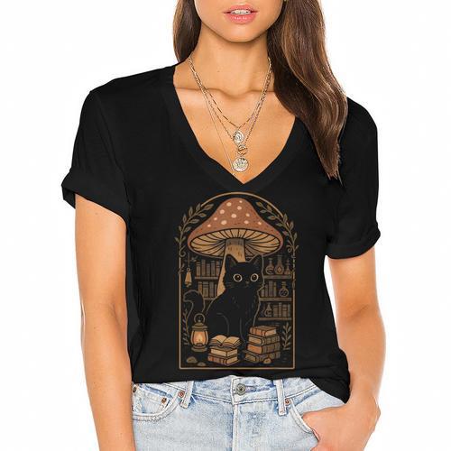 Cute Cat Grunge Cottagecore Therian Clothing Book Lover Women's Jersey Short Sleeve Deep V-Neck Tshirt				 - Bookorys DE