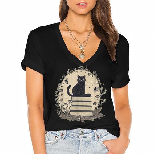 Cute Cat Sitting On Books With Mushrooms Cottage Core Women's Jersey Short Sleeve Deep V-Neck Tshirt				 - Bookorys DE