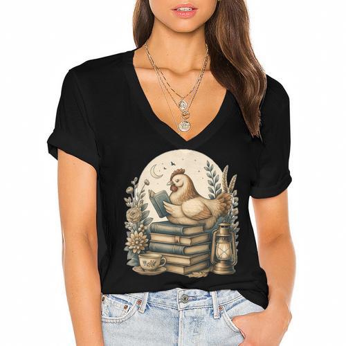 Cute Cottagecore Aesthetic Chicken Reading Book Nerd Women's Jersey Short Sleeve Deep V-Neck Tshirt				 - Bookorys CA