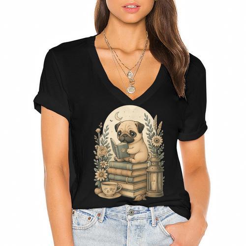 Cute Cottagecore Aesthetic Dog Pug Reading Book Nerd Women's Jersey Short Sleeve Deep V-Neck Tshirt				 - Bookorys CA