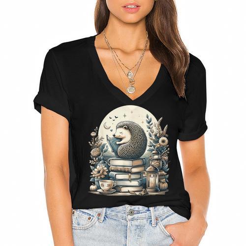 Cute Cottagecore Aesthetic Hedgehog Reading Book Nerd Women's Jersey Short Sleeve Deep V-Neck Tshirt				 - Bookorys CA