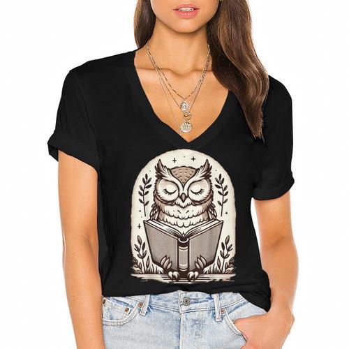 Cute Cottagecore Aesthetic Owl Reading Book Women's Jersey Short Sleeve Deep V-Neck Tshirt				 - Bookorys AU