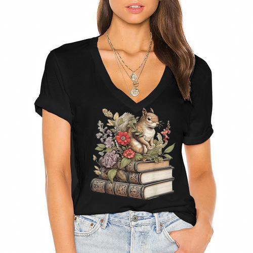 Cute Cottagecore Aesthetic Squirrel With Flowers Books Women's Jersey Short Sleeve Deep V-Neck Tshirt				 - Bookorys AU