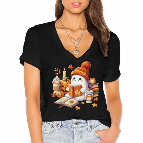 Cute Ghost Reading Book Lovers Halloween Pumpkin Women Girls Women's Jersey Short Sleeve Deep V-Neck Tshirt - Bookorys AU