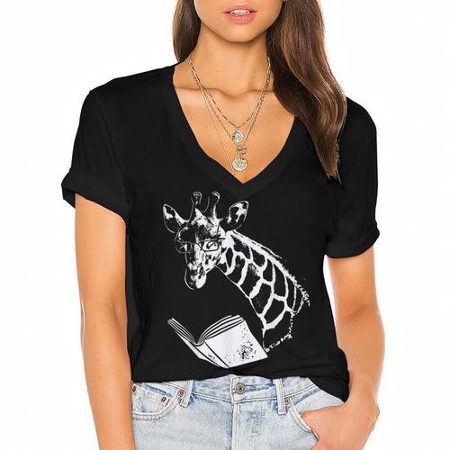 Cute Giraffe Wear Glasses Reading Book Librarian Bookworm Women's Jersey Short Sleeve Deep V-Neck Tshirt - Bookorys CA