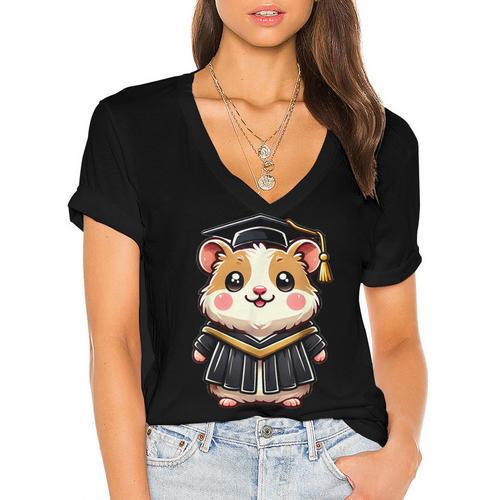 Cute Hamster Graduation Women's Jersey Short Sleeve Deep V-Neck Tshirt				 - Best Gift Smart