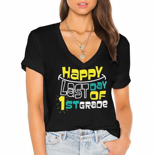 Cute Happy Last Day Of 1st Grade Shirt Kids Graduation Women's Jersey Short Sleeve Deep V-Neck Tshirt				 - Best Gift Smart