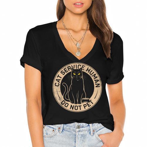 Cute Introvert Cat Service Human Do Not Pet Cat Joke Women's Jersey Short Sleeve Deep V-Neck Tshirt				 - Raresse
