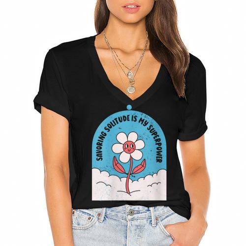 Cute Introvert Shy Teen Anti-Social Inner Strength Women's Jersey Short Sleeve Deep V-Neck Tshirt - Raresse
