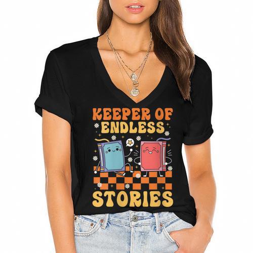 Cute Librarian Library Book Lover Keeper Of Endless Stories Women's Jersey Short Sleeve Deep V-Neck Tshirt				 - Bookorys