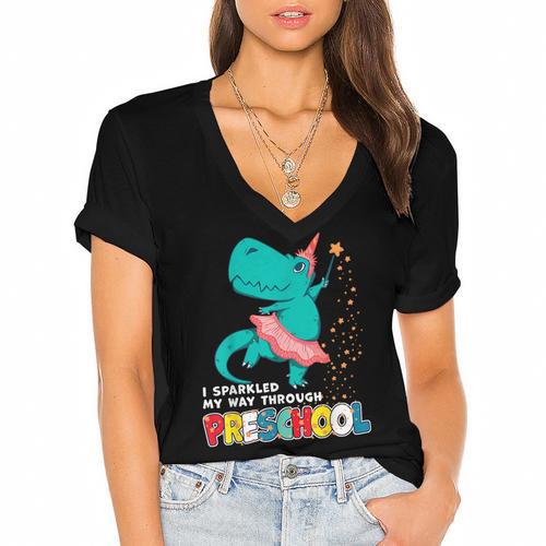 Cute Magical Ballerina Dino Unicorn Preschool Graduation Women's Jersey Short Sleeve Deep V-Neck Tshirt				 - Best Gift Smart