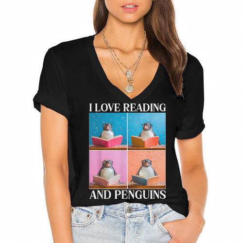 Cute Penguin Reading Book School Librarian Teacher Student Women's Jersey Short Sleeve Deep V-Neck Tshirt				 - Bookorys AU