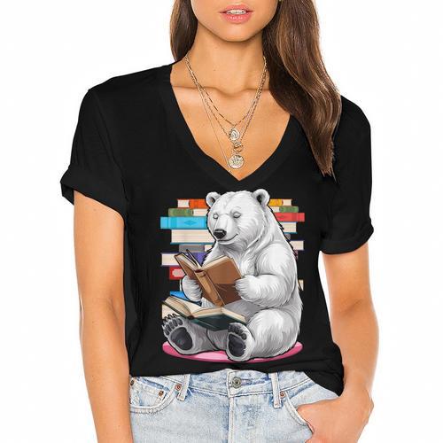 Cute Polar Bear Is Reading a Book Reading Polar Bear Women's Jersey Short Sleeve Deep V-Neck Tshirt - Bookorys