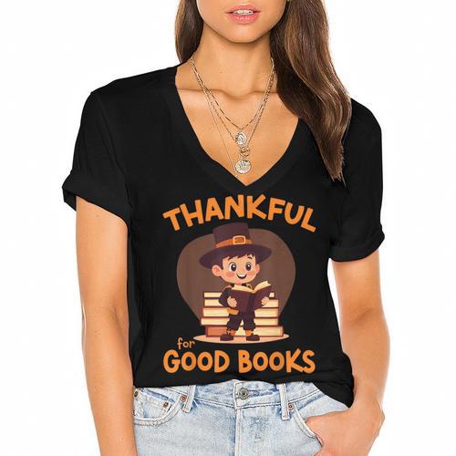 Cute Thanksgiving Teacher Librarian Thankful Reading Books Women's Jersey Short Sleeve Deep V-Neck Tshirt				 - Bookorys DE