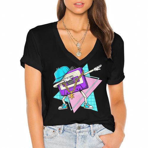Dabbing Cassette Tape 70s 80s 80s Outfit Nostalgia Women's Jersey Short Sleeve Deep V-Neck Tshirt - Figerry