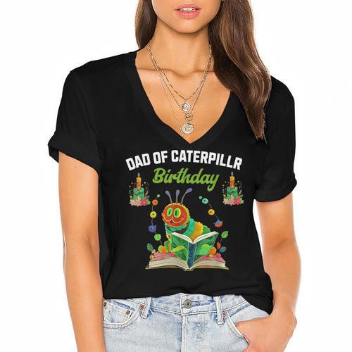 Dad Of Caterpillar Birthday Reading Books Lovers Women's Jersey Short Sleeve Deep V-Neck Tshirt				 - Bookorys AU