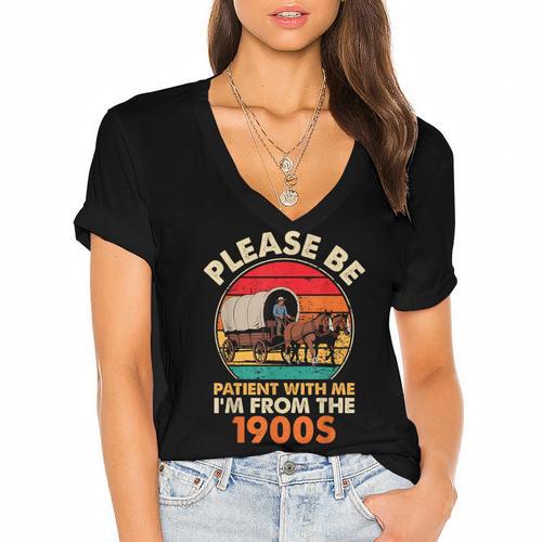 Dad Father's Day Please Be Patient I'm From The 1900s Women's Jersey Short Sleeve Deep V-Neck Tshirt - Figerry