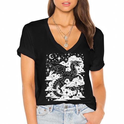 Dark Academia Fantasy Dragon Book Lover Bookish Goblincore Women's Jersey Short Sleeve Deep V-Neck Tshirt				 - Bookorys