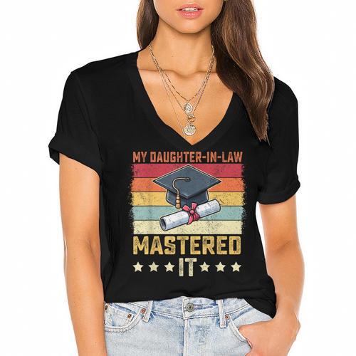 My Daughter In Law Mastered It Master's Graduation Vintage Women's Jersey Short Sleeve Deep V-Neck Tshirt				 - Best Gift Smart