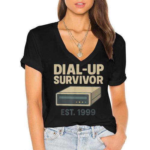 Dial Up Survivor Retro 90s Internet Nostalgia Women's Jersey Short Sleeve Deep V-Neck Tshirt - Figerry