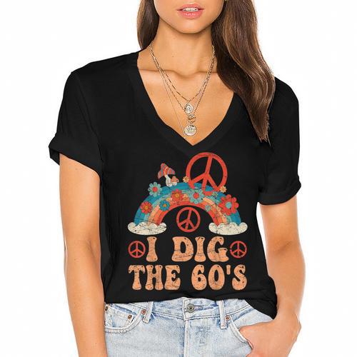 I Dig The 60s Aesthetic Nostalgia 1960's Retro 60s Party Women's Jersey Short Sleeve Deep V-Neck Tshirt - Figerry