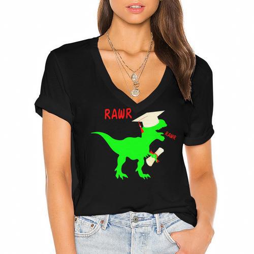 Dinosaur Rawr Diploma Grad Graduate Graduation Women's Jersey Short Sleeve Deep V-Neck Tshirt				 - Best Gift Smart