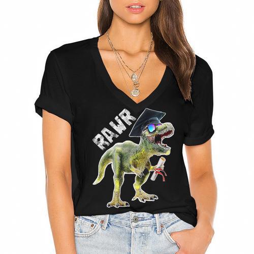 Dinosaur T Rex Rawr Last Day Of School Graduation Shirt Women's Jersey Short Sleeve Deep V-Neck Tshirt				 - Best Gift Smart