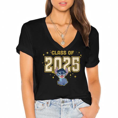 Disney Lilo & Stitch Graduation 2025 Stitch Collegiate Women's Jersey Short Sleeve Deep V-Neck Tshirt				 - Best Gift Smart