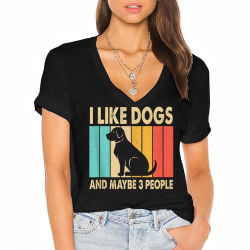 I Like Dogs And Maybe 3 People Introvert Women's Jersey Short Sleeve Deep V-Neck Tshirt - Raresse