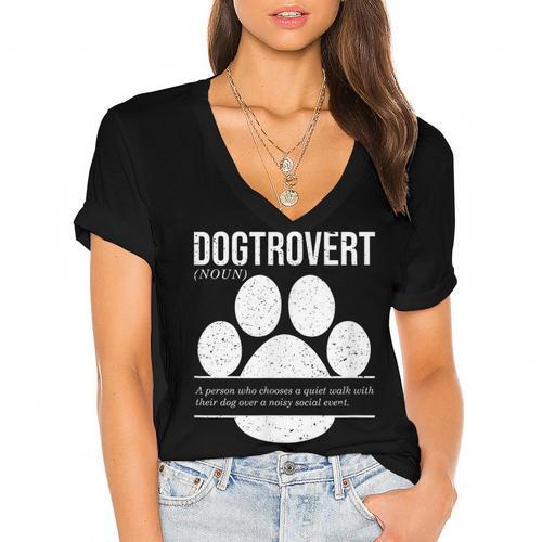 Dogtrovert Definition Introvert Dog Lover For Men Women Girls Kids Women's Jersey Short Sleeve Deep V-Neck Tshirt - Raresse