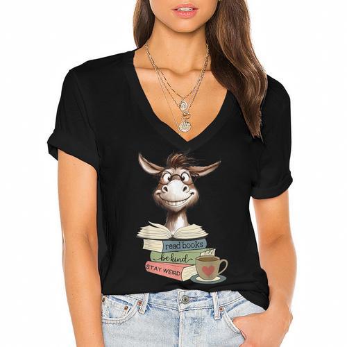 Donkey Reading Book Read Books Be Kind Stay Weird Librarian Women's Jersey Short Sleeve Deep V-Neck Tshirt - Bookorys