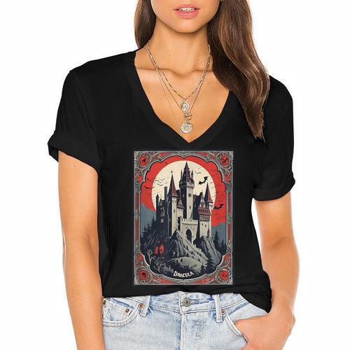 Dracula's Castle Book Cover Illustration Women's Jersey Short Sleeve Deep V-Neck Tshirt				 - Bookorys AU